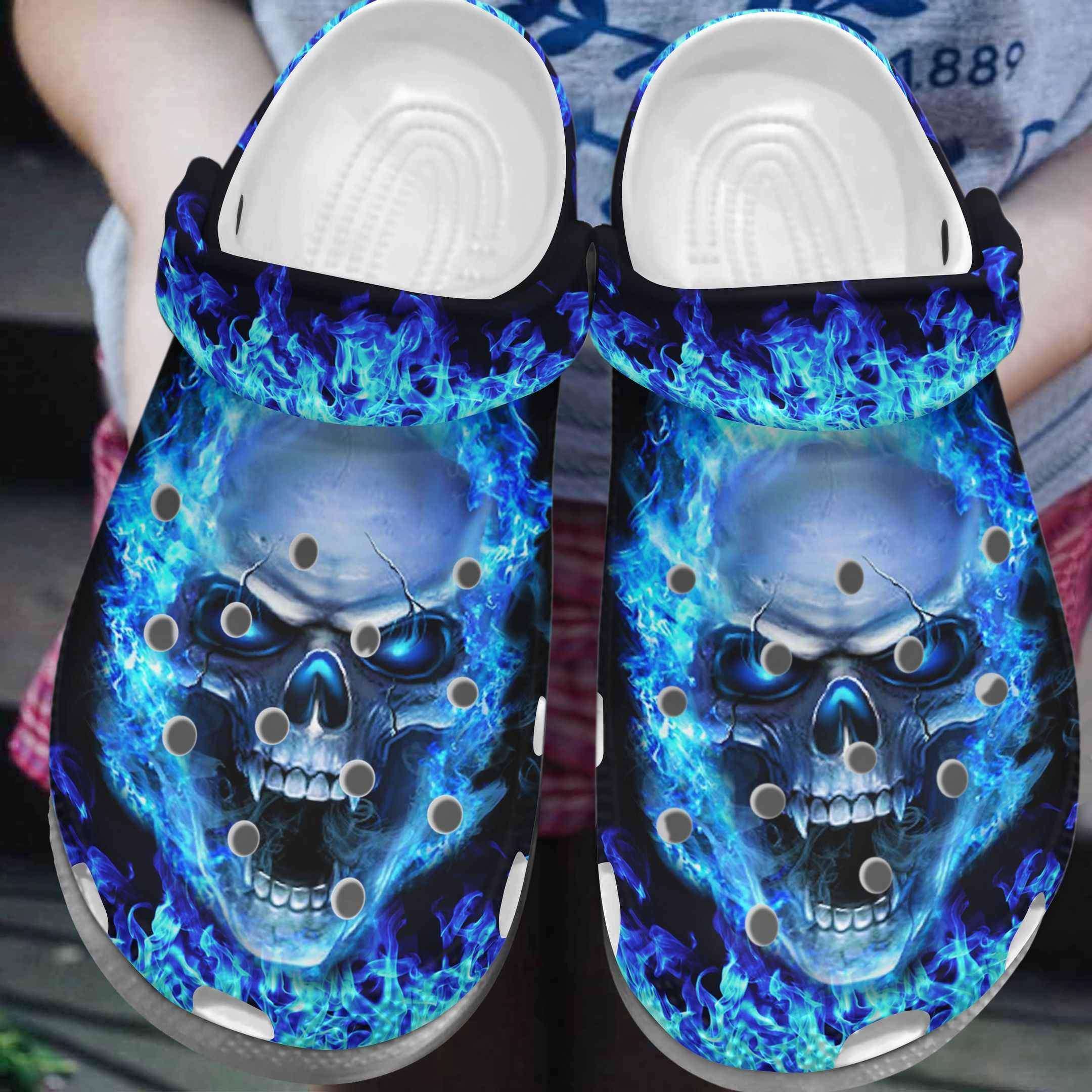 Blue Fire Skull Crocs Crocband Clog Shoes