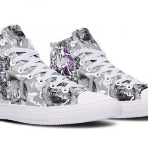 Purple Skull And Flowers White High Top Canvas Shoes